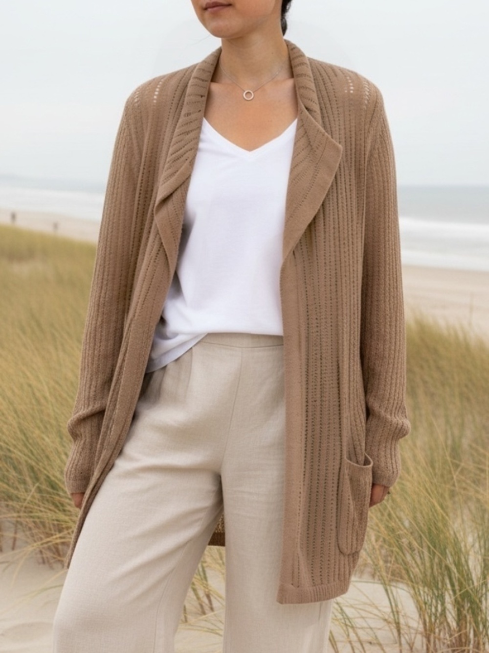 J.Jill - Loose Textured Knit Open Drape Front Camel Brown Cardigan - 2X